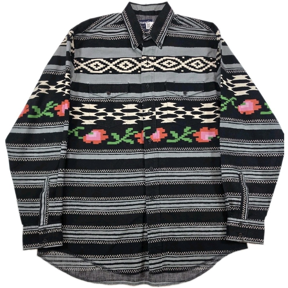 Vintage Wrangler Brushpopper Cowboy Cut Men's L  16 1/2-35 Western Aztec Roses